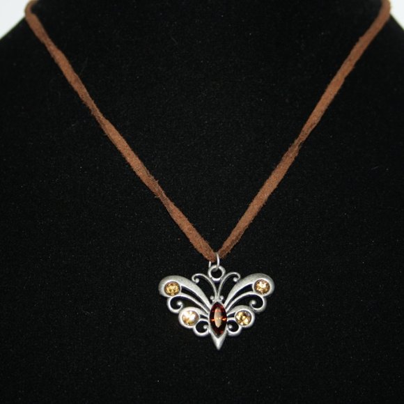 Brown leather silver butterfly necklace 17"